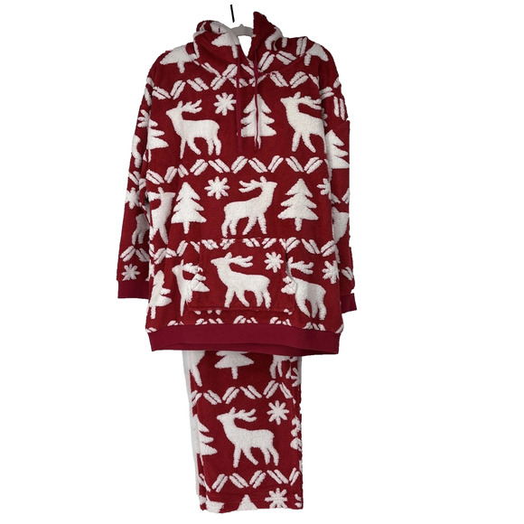 Vera Bradley Jacquard Hoodie Fleece Set XL Red White Reindeer
